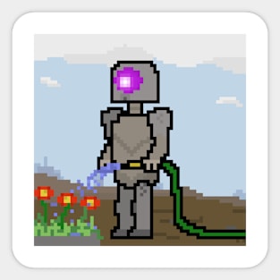 Pixel art robot, watering a garden Sticker